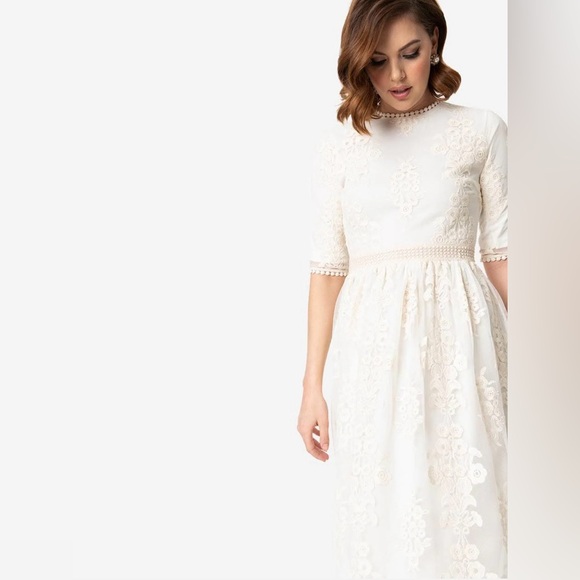 🦋B2G1🦋Vintage Style Antique Ivory Embroidered Lace Modest Midi Dress NWOT - Picture 2 of 14